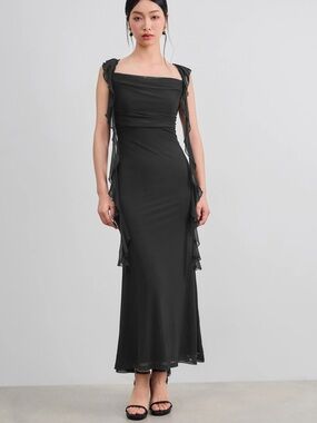Cider Mesh Black Ruffle-Detail Maxi Dress